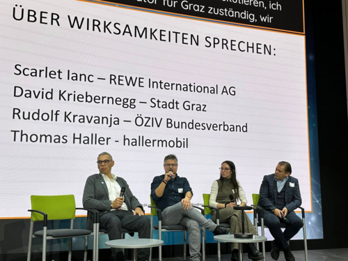 Panel zum Thema „Wie können Barrierefreiheitsbeauftragte wirksam werden?“ Vlnr: Thomas Haller (Haller Mobil), David Kriebernegg (Stadt Graz), Scarlett Lanz (Billa) und ÖZIV-Präsident Rudolf Kravanja